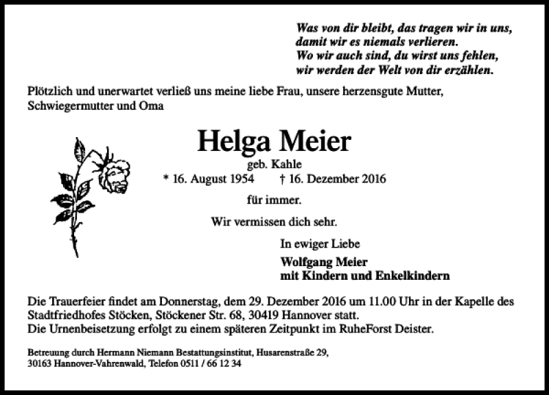  Traueranzeige für Helga Meier vom 24.12.2016 aus HAZ/NP