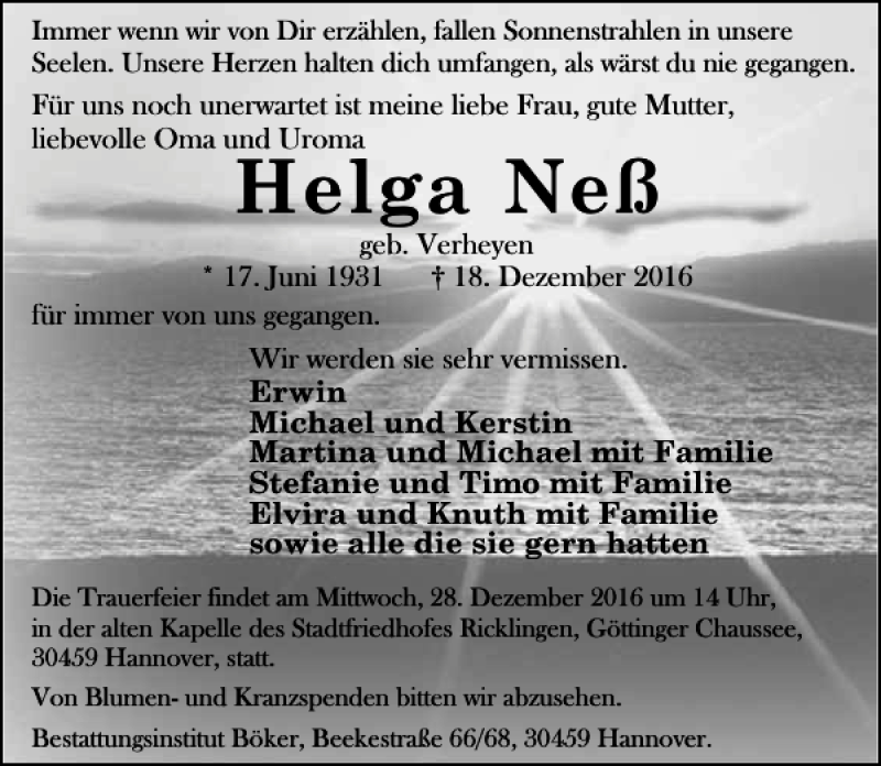  Traueranzeige für Helga Neß vom 24.12.2016 aus HAZ/NP