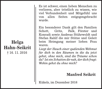 Traueranzeige von Helgahahn-Seikrit  von Kieler Nachrichten / Segeberger Zeitung