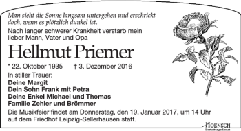 Traueranzeige von Hellmut Priemer von Leipziger Volkszeitung