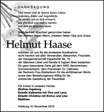 Traueranzeige von Helmut Haase von Leipziger Volkszeitung