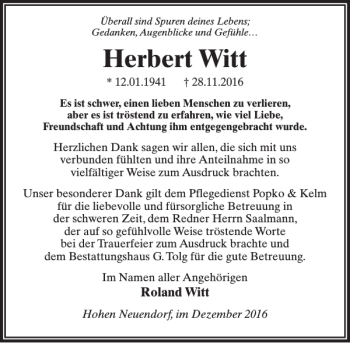 Traueranzeige von Herbert Witt von MAZ-Trauer.de