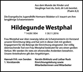 Traueranzeige von Hildegunde Westphal von HAZ/NP