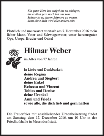 Traueranzeige von Hilmar Weber von MAZ-Trauer.de