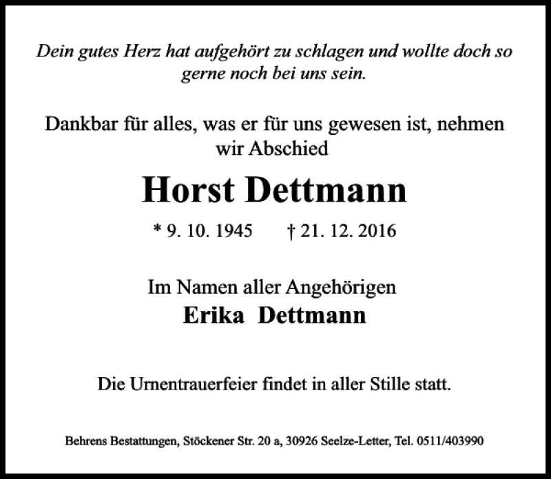  Traueranzeige für Horst Dettmann vom 24.12.2016 aus HAZ/NP