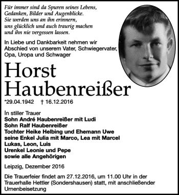 Traueranzeige von Horst Haubenreißer von Leipziger Volkszeitung