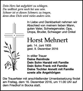 Traueranzeige von Horst Mehnert von Leipziger Volkszeitung