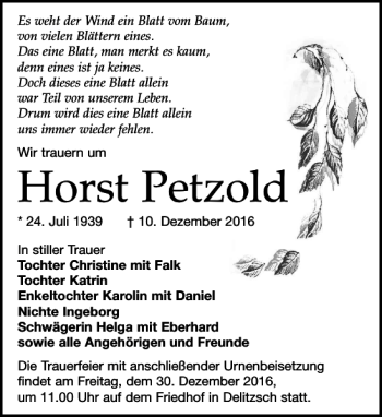 Traueranzeige von Horst Petzold von Leipziger Volkszeitung