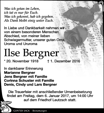 Traueranzeige von Ilse Bergner von Leipziger Volkszeitung