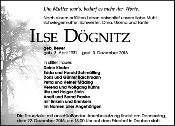 Traueranzeige von Ilse Dögnitz von Leipziger Volkszeitung