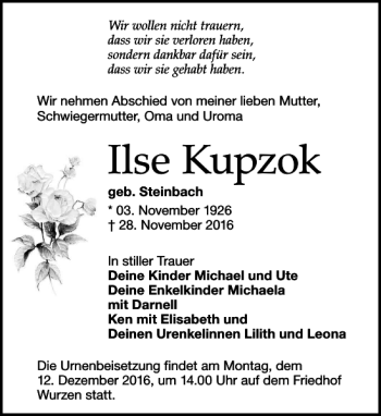 Traueranzeige von Ilse Kupzok von Leipziger Volkszeitung