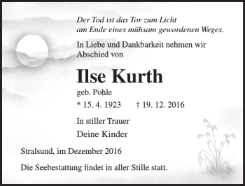 Traueranzeige von Ilse Kurth von Ostsee-Zeitung