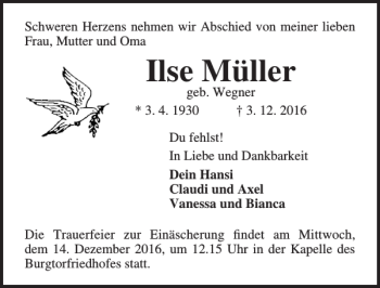 Traueranzeige von Ilse Müller von Lübecker Nachrichten