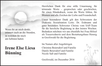 Traueranzeige von Irene Else Liesa Bünning von Ostsee-Zeitung