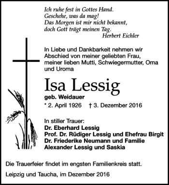 Traueranzeige von Isa Lessig von Leipziger Volkszeitung
