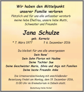 Traueranzeige von Jana Schulze von Leipziger Volkszeitung