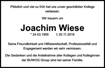 Traueranzeige von Joachim Wiese von Kieler Nachrichten / Segeberger Zeitung