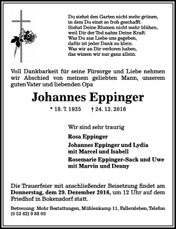 Traueranzeige von Johannes Eppinger von Aller Zeitung / Wolfsburger Allgemeine