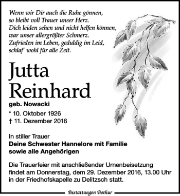 Traueranzeige von Jutta Reinhard von Leipziger Volkszeitung