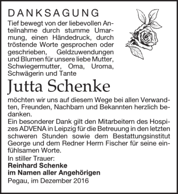 Traueranzeige von Jutta Schenke von Leipziger Volkszeitung