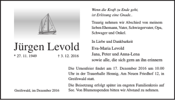 Traueranzeige von Jürgen Levold von Ostsee-Zeitung