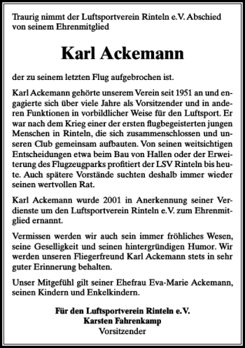 Traueranzeige von Karl Ackemann von Schaumburger Nachrichten