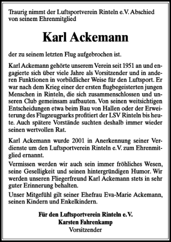 Traueranzeige von Karl Ackemann von Schaumburger Nachrichten