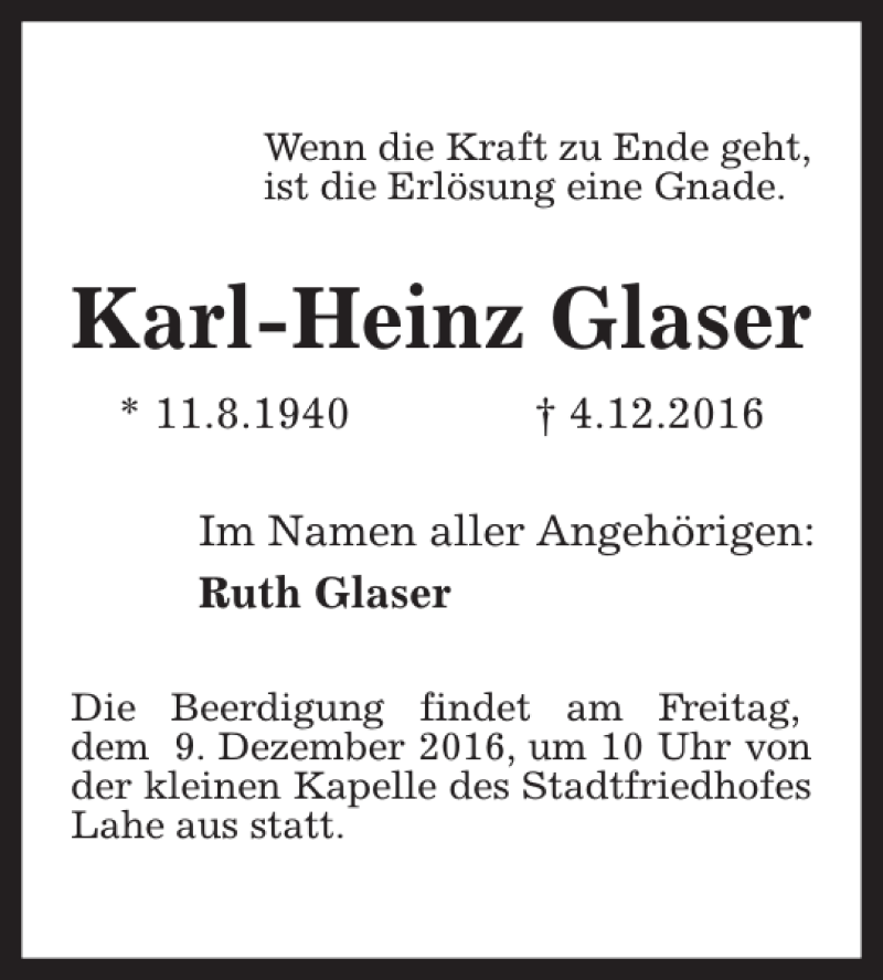 Traueranzeigen Von Karl-heinz Glaser 