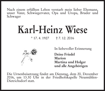 Traueranzeige von Karl-Heinz Wiese von Kieler Nachrichten / Segeberger Zeitung