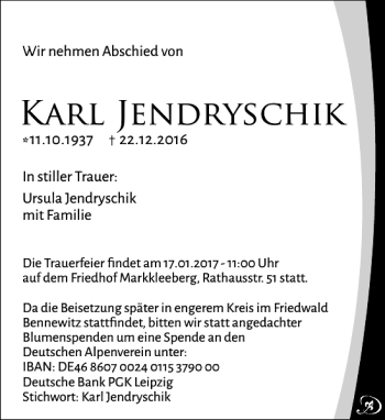 Traueranzeige von Karl Jendryschik von Leipziger Volkszeitung