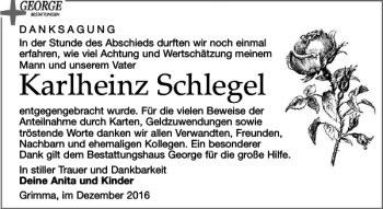 Traueranzeige von Karlheinz Schlegel von Leipziger Volkszeitung