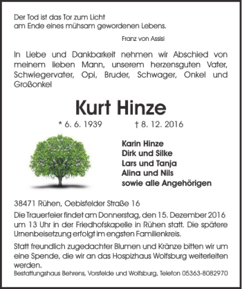 Traueranzeige von Kurt Hinze von Aller Zeitung / Wolfsburger Allgemeine