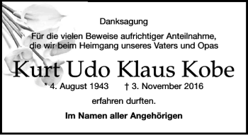 Traueranzeige von Kurt Udo Klaus Kobe von Leipziger Volkszeitung