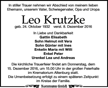 Traueranzeige von Leo Krutzke von Leipziger Volkszeitung