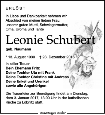 Traueranzeige von Leonie Schubert von Leipziger Volkszeitung