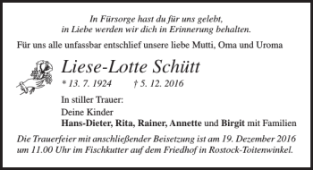 Traueranzeige von Liese-Lotte Schütt von Ostsee-Zeitung