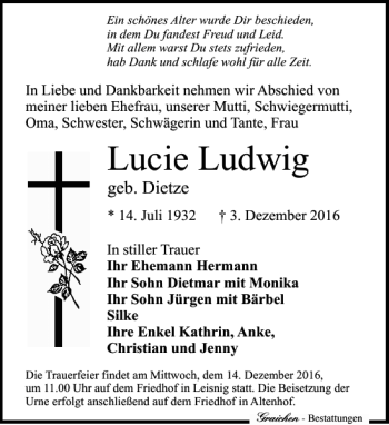 Traueranzeige von Lucie Ludwig von Leipziger Volkszeitung
