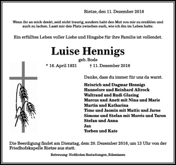 Traueranzeige von Luise Hennigs von Peiner Allgemeine Zeitung