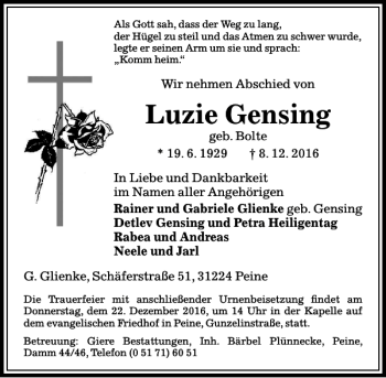 Traueranzeige von Luzie Gensing von Peiner Allgemeine Zeitung