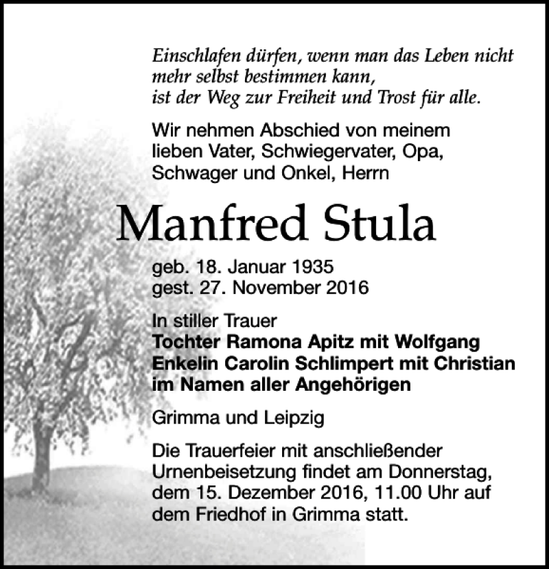  Traueranzeige für Manfred Stula vom 03.12.2016 aus Leipziger Volkszeitung