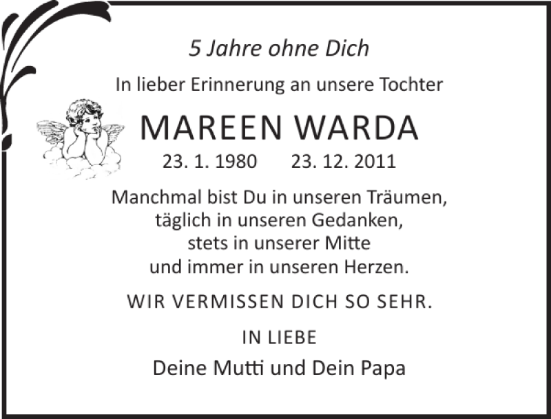  Traueranzeige für Mareen Warda vom 23.12.2016 aus Ostsee-Zeitung