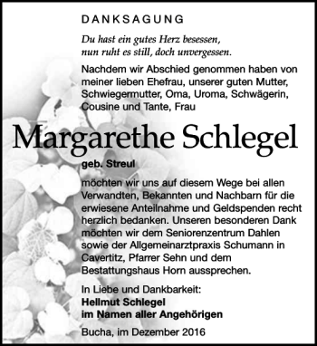 Traueranzeige von Margarethe Schlegel von Leipziger Volkszeitung