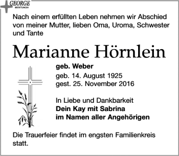 Traueranzeige von Marianne Hörnlein von Leipziger Volkszeitung