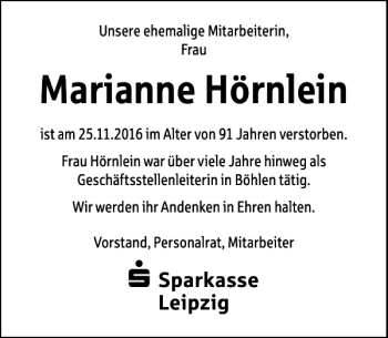 Traueranzeige von Marianne Hörnlein von Leipziger Volkszeitung