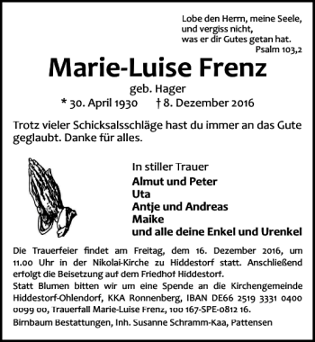 Traueranzeige von Marie-Luise Frenz von HAZ/NP