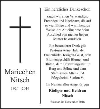 Traueranzeige von Mariechen Nitsch von Ostsee-Zeitung