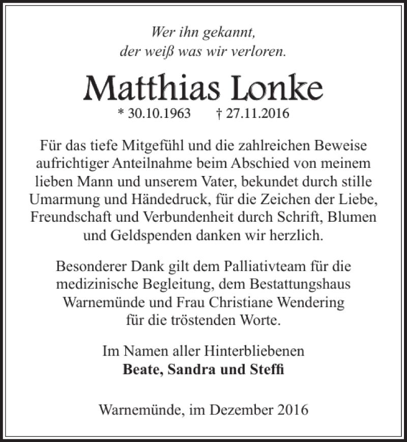  Traueranzeige für Matthias Lonke vom 24.12.2016 aus Ostsee-Zeitung