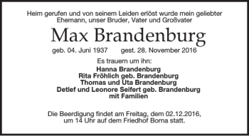 Traueranzeige von Max Brandenburg von Leipziger Volkszeitung