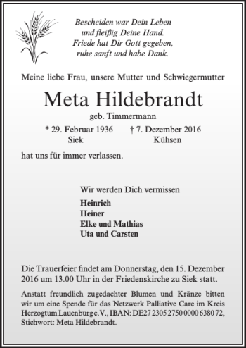 Traueranzeige von Meta Hildebrandt von Lübecker Nachrichten
