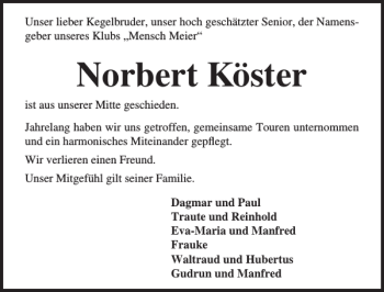 Traueranzeige von Norbert Köster von Lübecker Nachrichten